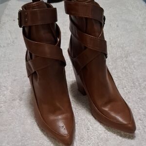 Shoe Dazzle Brown Pointed Ankle Heeled Boots with Wrap Straps